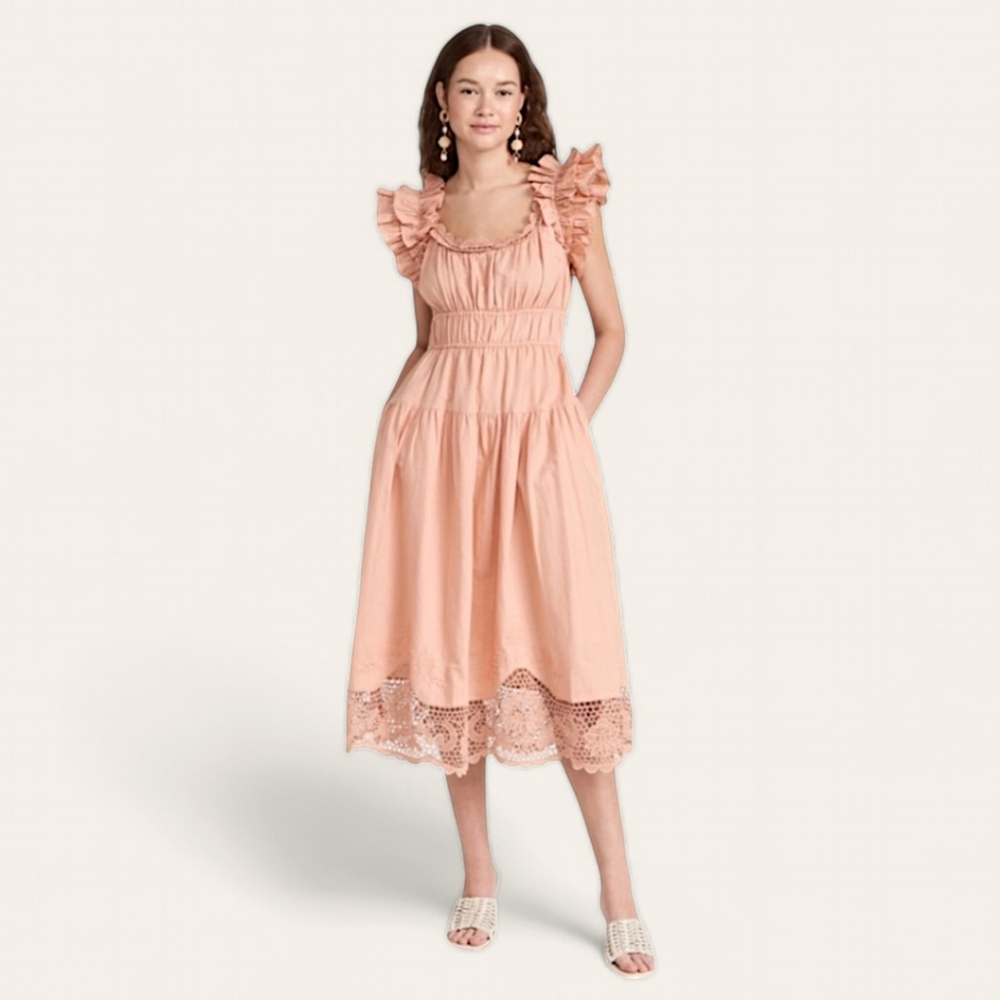 Ulla Johnson Linen Cotton Blend Leona Dress Midi Lace Cottage Ruffle Sz 4